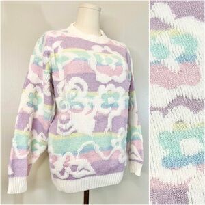 Vintage 1980s Rainbow Sweater Sparkly Flowers Retro 80s Colorful Pastel Magical